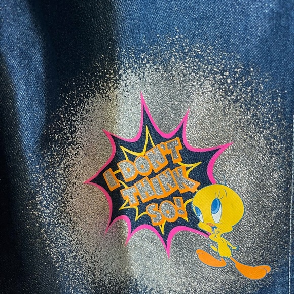 Vintage Y2K Kids Size 12 Looney Tunes Tweety Bird Blue Glitter Denim Overalls - Picture 8 of 10